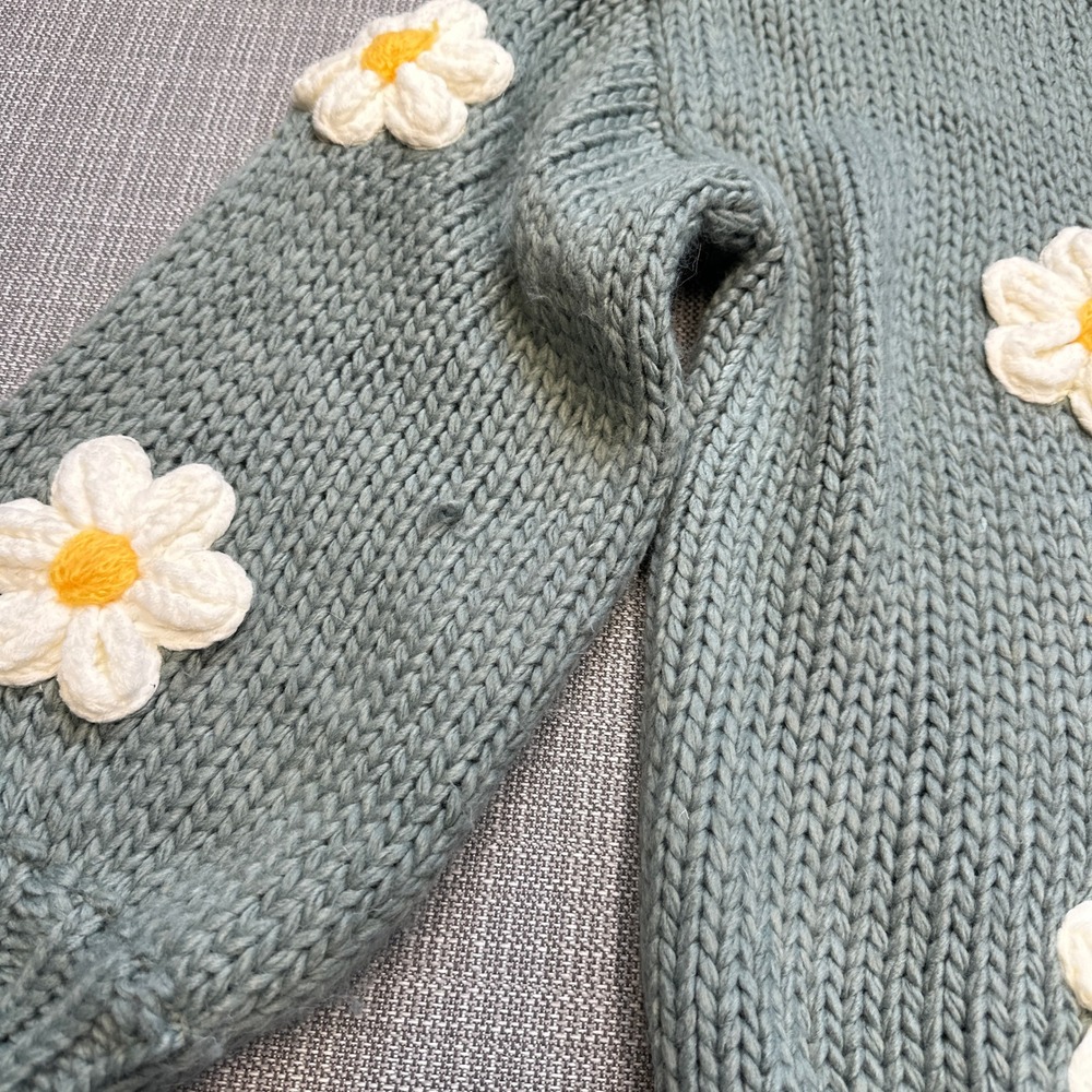 Altar'd State 3D Daisy Chunky Knit Cardigan Sage Green Small Whimsical Cottage - Picture 10 of 11